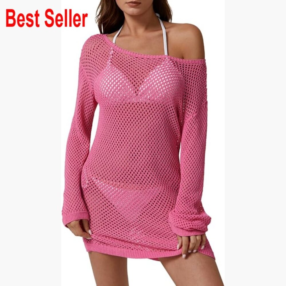 Crochet Mesh Knit Cover Up Dress with Long Sleeves